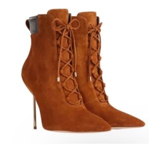 Good American Scandal Lace Up Stiletto Ankle Boots Tobacco Suede Size 6.5